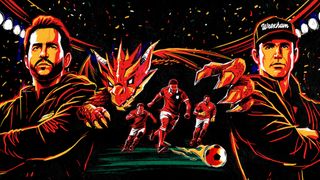 Illustration of Ryan Reynolds and Rob McElhenney flanking three soccer players and a dragon to promote season 5 of Welcome to Wrexham.