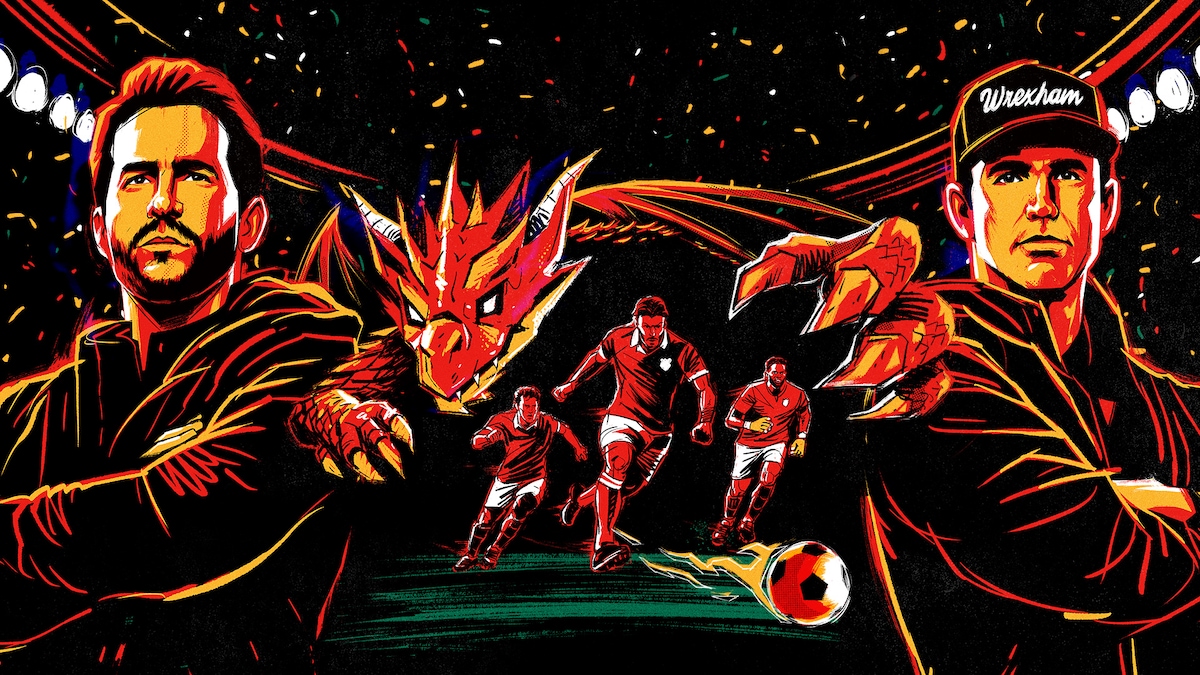 Illustration of Ryan Reynolds and Rob McElhenney flanking three soccer players and a dragon to promote season 5 of Welcome to Wrexham.