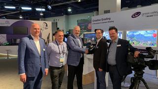 From left, GV Strategic Account Manager Leo Smeding, Rob Newton, GV President Timothy Shoulders, NEP Senior Vice President of Technology & Asset Management Scott Rothenberg, and GV Vice President and General Manager of Camera Systems Marcel Koutstaal