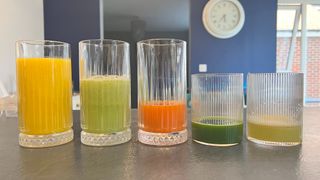 Juices from the Nama J2 in fiive different glasses