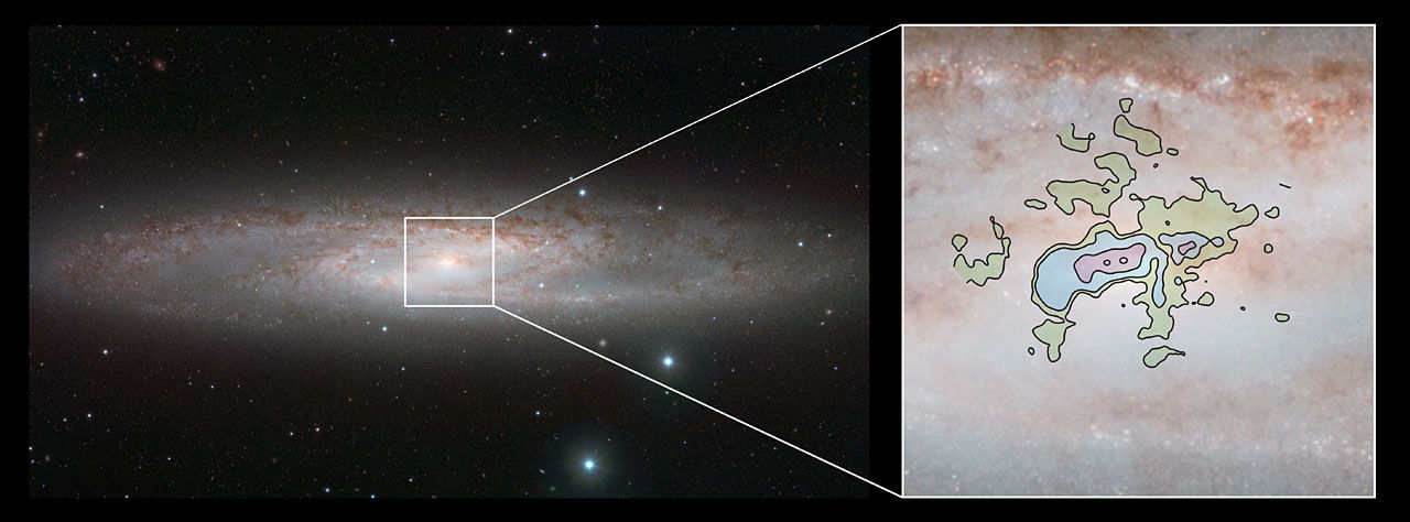 This comparison picture of the nearby bright spiral galaxy NGC 253, also known as the Sculptor Galaxy, shows the infrared view from ESO’s VISTA Telescope (left) and a detailed new view of the cool gas outflows at millimeter wavelengths from ALMA (right). Image released July 24, 2013.