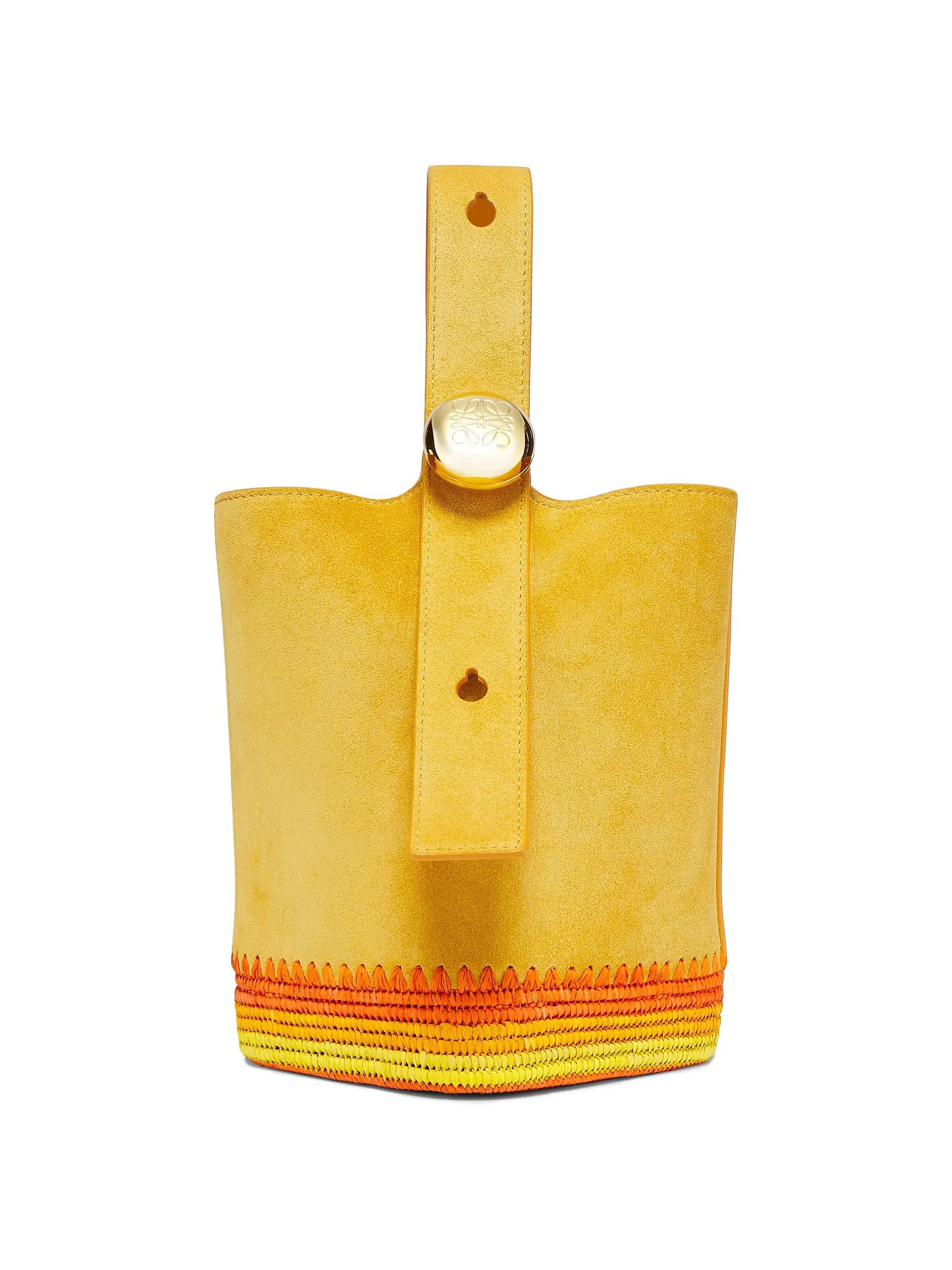 Loewe X Paula's Ibiza Mini Pebble Suede & Raffia Bucket Bag