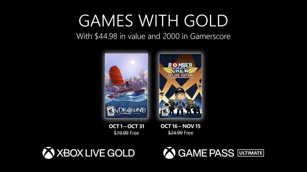 Xbox Games with Gold линейка на октябрь 2022 года, показывающая Windbound и Bonber Crew Deluxe Edition