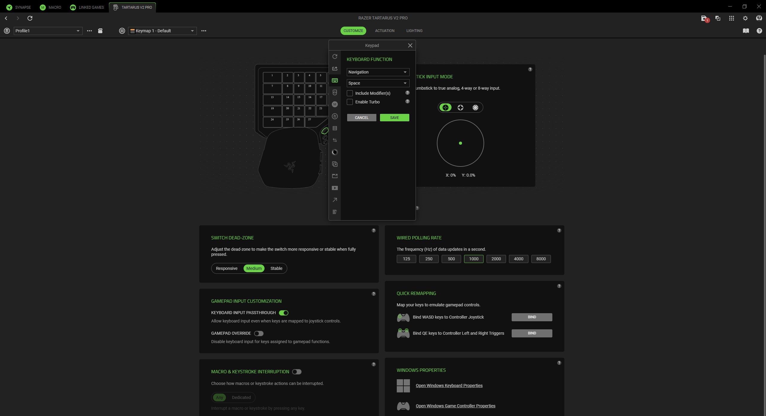 Razer Synapse app screenshot showing Tartarus V2 Pro settings