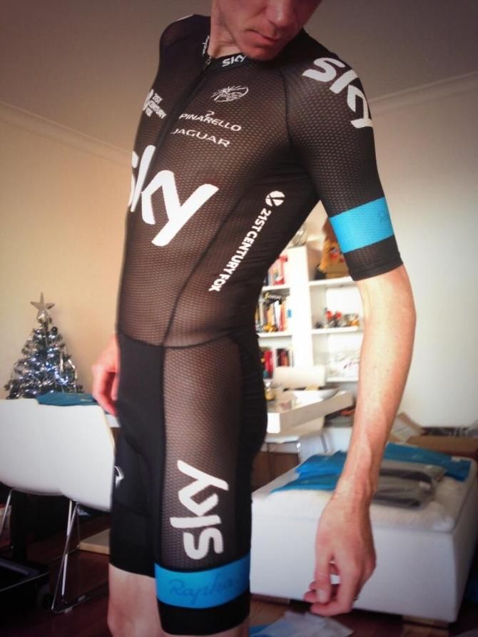 Chris Froome models the skimpy Team Sky skinsuit