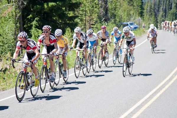 Breakaway riders begin to get caught on the climb.