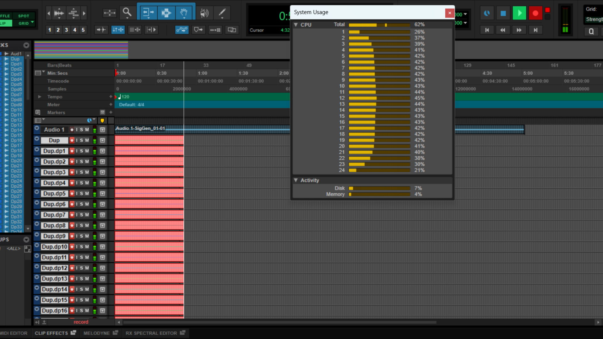 A screenshot of a stress test on the Asus ProArt 16 laptop in Pro Tools