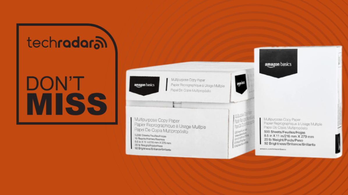 Amazon Basics printer paper on an orange background next to a TechRadar badge reading 'Don't Miss'