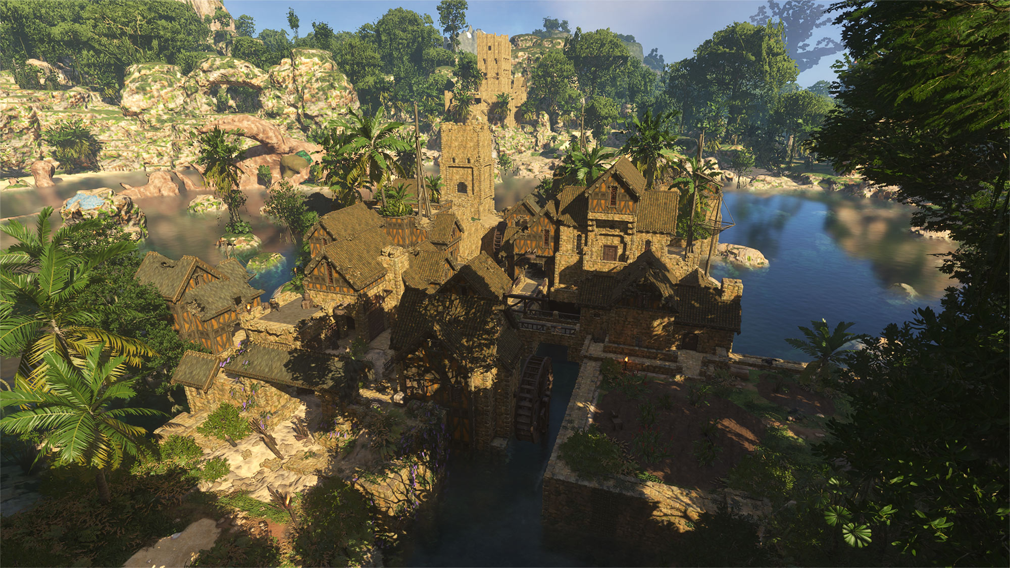 Enshrouded - Driftwood lake, a lakeside town in Veilwater Basin