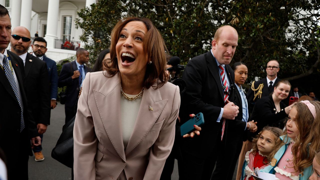 Vice President Kamala Harris laughs with the public outside the White House