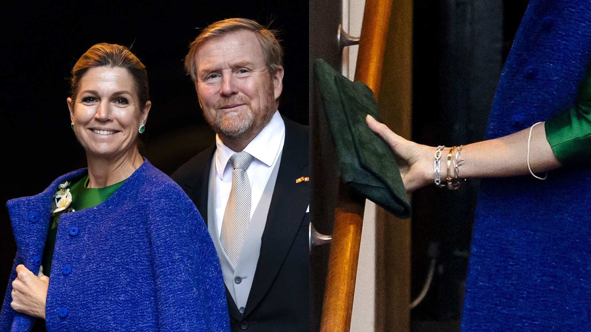 Queen Maxima wearing a blue coat and King Willem-Alexander in a suit and gray tie; Closeup of Queen Maxima's arm with 3 gold bracelets