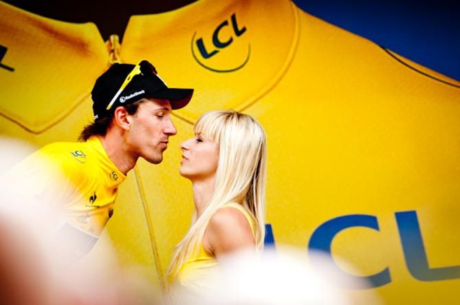 Fabian Cancellara (RadioShack-Nissan) on the podium after stage2 in Tour de France 2012.