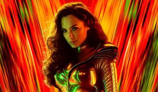 Wonder Woman 1984 Diana in front of a colorful background in armor