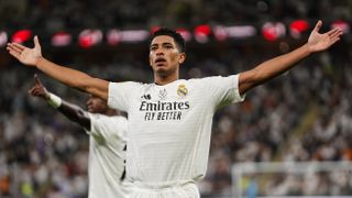 Jude Bellingham of Real Madrid celebrates after scoring a goal during the Spanish Super Cup semi-final to secure a place in Sunday's Barcelona vs Real Madrid Supercopa final 2025