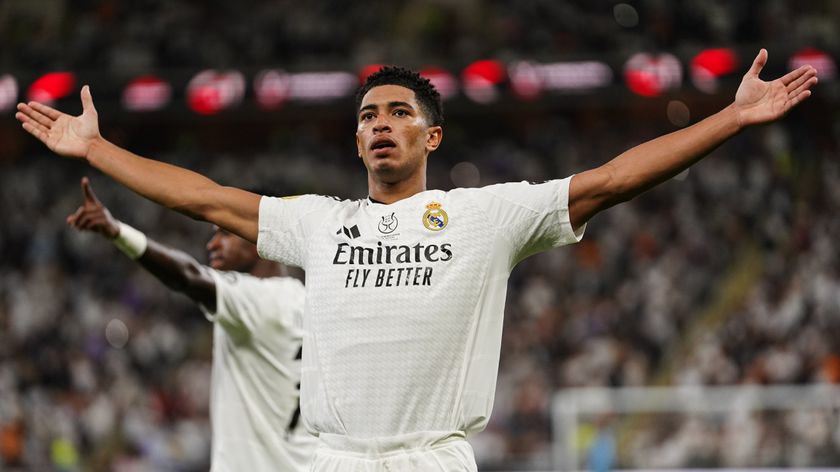 Jude Bellingham of Real Madrid celebrates after scoring a goal during the Spanish Super Cup semi-final to secure a place in Sunday&#039;s Barcelona vs Real Madrid Supercopa final 2025