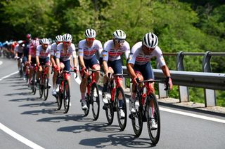 GENOA ITALY MAY 19 LR Edward Theuns of Belgium Otto Vergaerde of Belgium and Jacopo Mosca of Italy and Team Trek Segafredo lead the peloton during the 105th Giro dItalia 2022 Stage 12 a 204km stage from Parma to Genova Giro WorldTour on May 19 2022 in Genoa Italy Photo by Tim de WaeleGetty Images