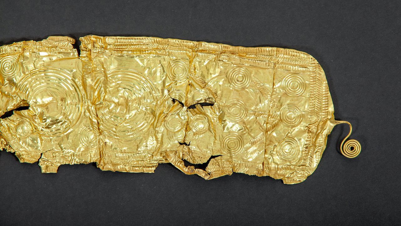 The gold belt is covered with raised concentric circles.