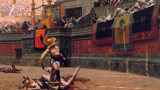 Painting of a Gladiator in an arena looking up at the crowds of people.