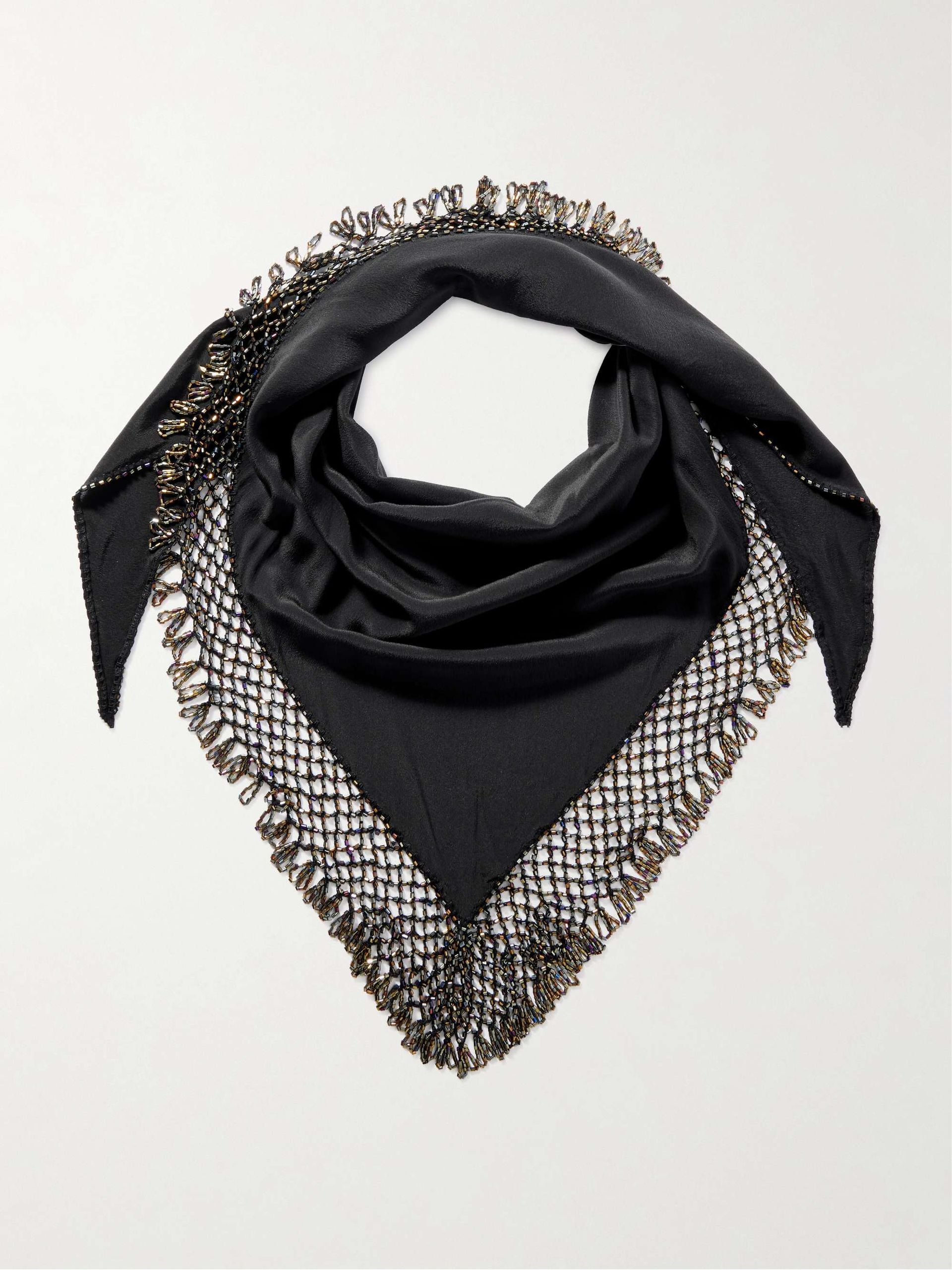 Ezane Bead-Embellished Silk-Crepe and Open-Knit Scarf