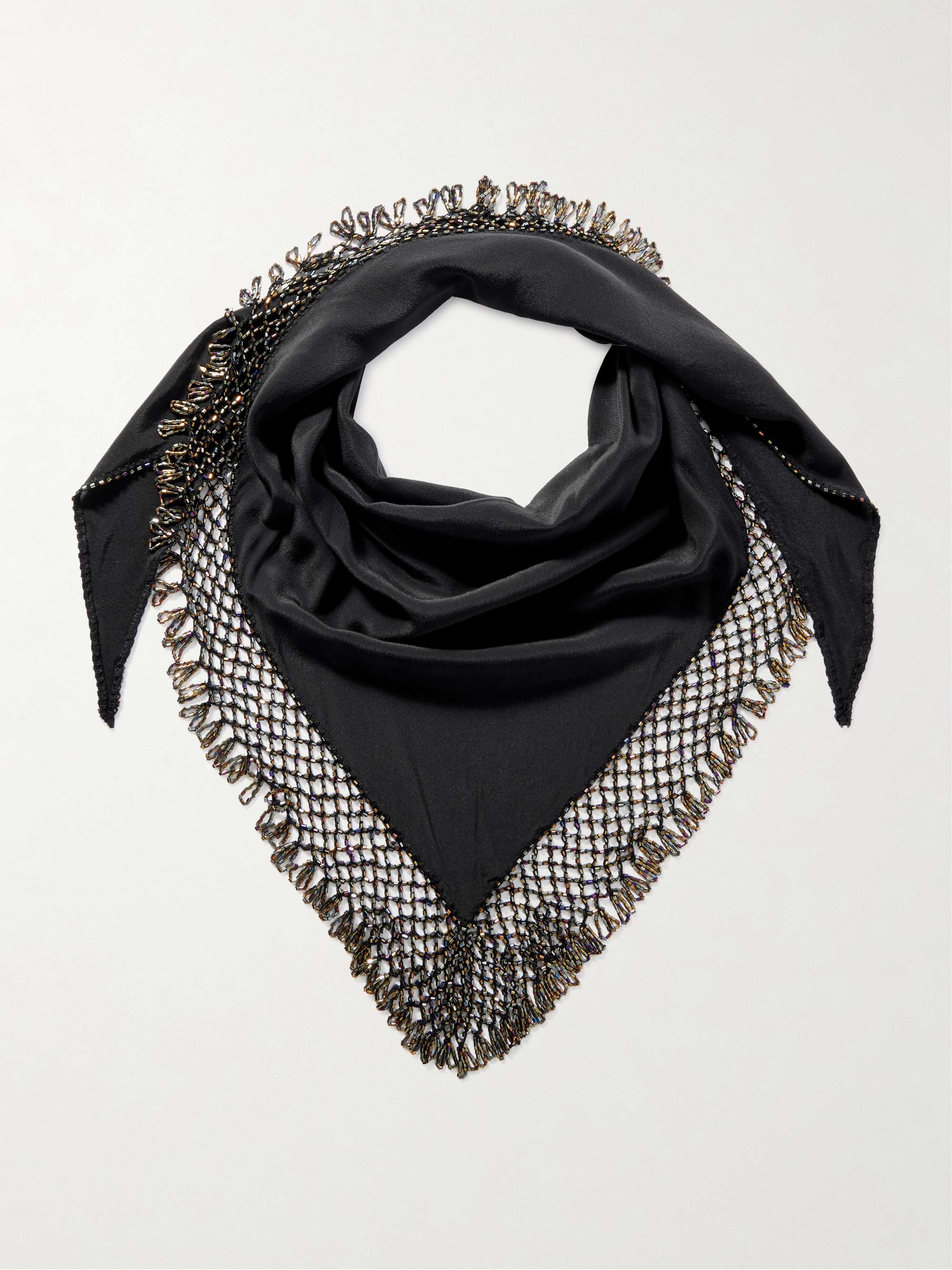 Ezane Bead-Embellished Silk-Crepe and Open-Knit Scarf