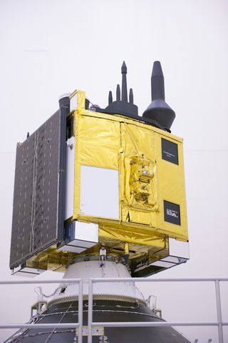 The U.S. Air Force's GPS IIF-9 navigation satellite is seen on the ground before its March 25, 2015 launch. The satellite joined 30 other GPS satellites in orbit after its successful launch.