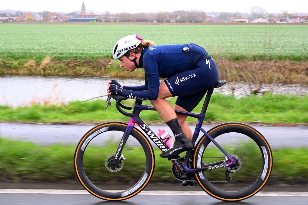 WEVELGEM BELGIUM MARCH 26 Marlen Reusser of Switzerland and Team SD Worx attacks in the breakaway during the 12th GentWevelgem In Flanders Fields 2023 Womens Elite a 1625km one day race from Ypres to Wevelgem UCIWWT on March 26 2023 in Wevelgem Belgium Photo by Luc ClaessenGetty Images