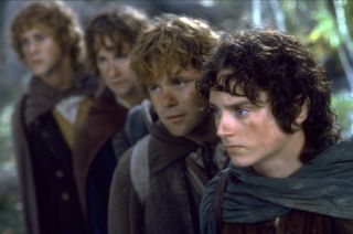 (From left to right) Billy Boyd as Pippin Took, Dominic Monaghan as Merry Brandybuck, Sean Astin as Samwise Gamgee, and Elijah Wood as Frodo Baggins in The Lord of the Rings