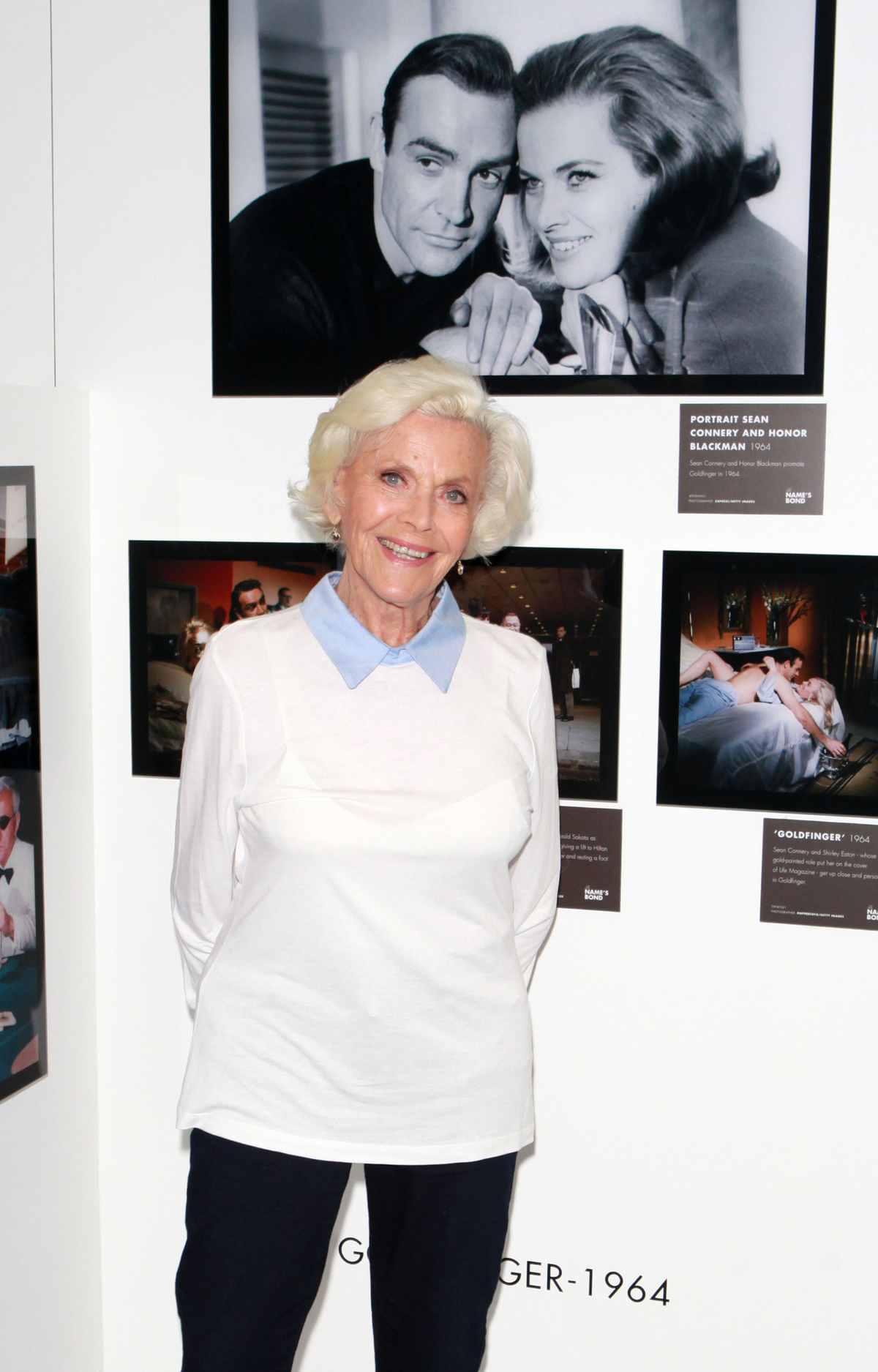 Honor Blackman visits 'The Name's Bond' exhibition in London, England 2015