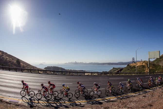 The race climbs towards Marin with San Francisco in the distance.