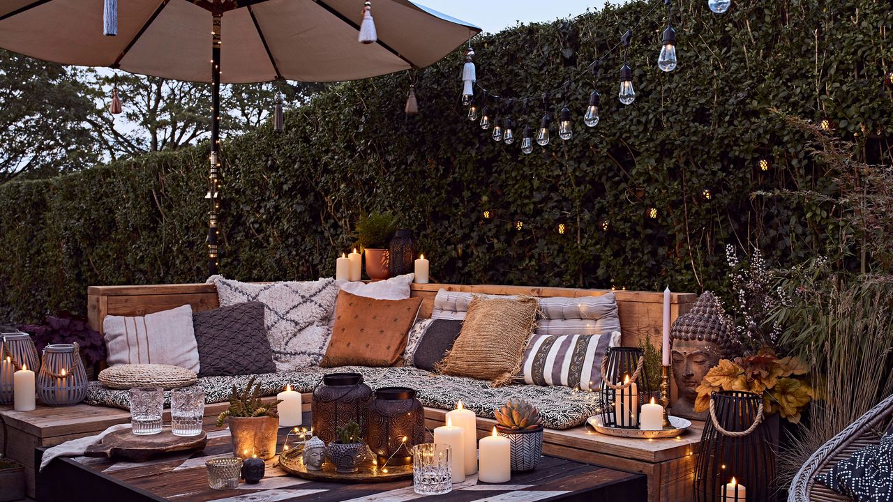 roost episode 3 - outdoor-seating-in-garden-with-lighting-and-candles - Pic-credit-Lights4Fun