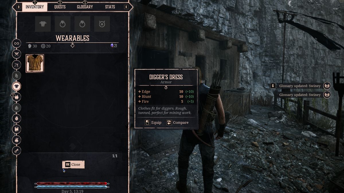Gothic Remake armour: The Digger's Dress armour in the player's inventory screen.