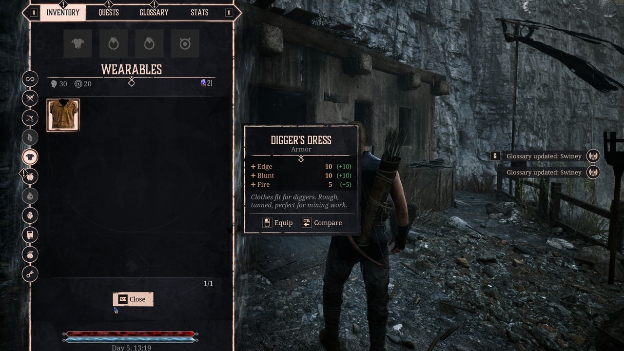 Gothic Remake armour: The Digger's Dress armour in the player's inventory screen.