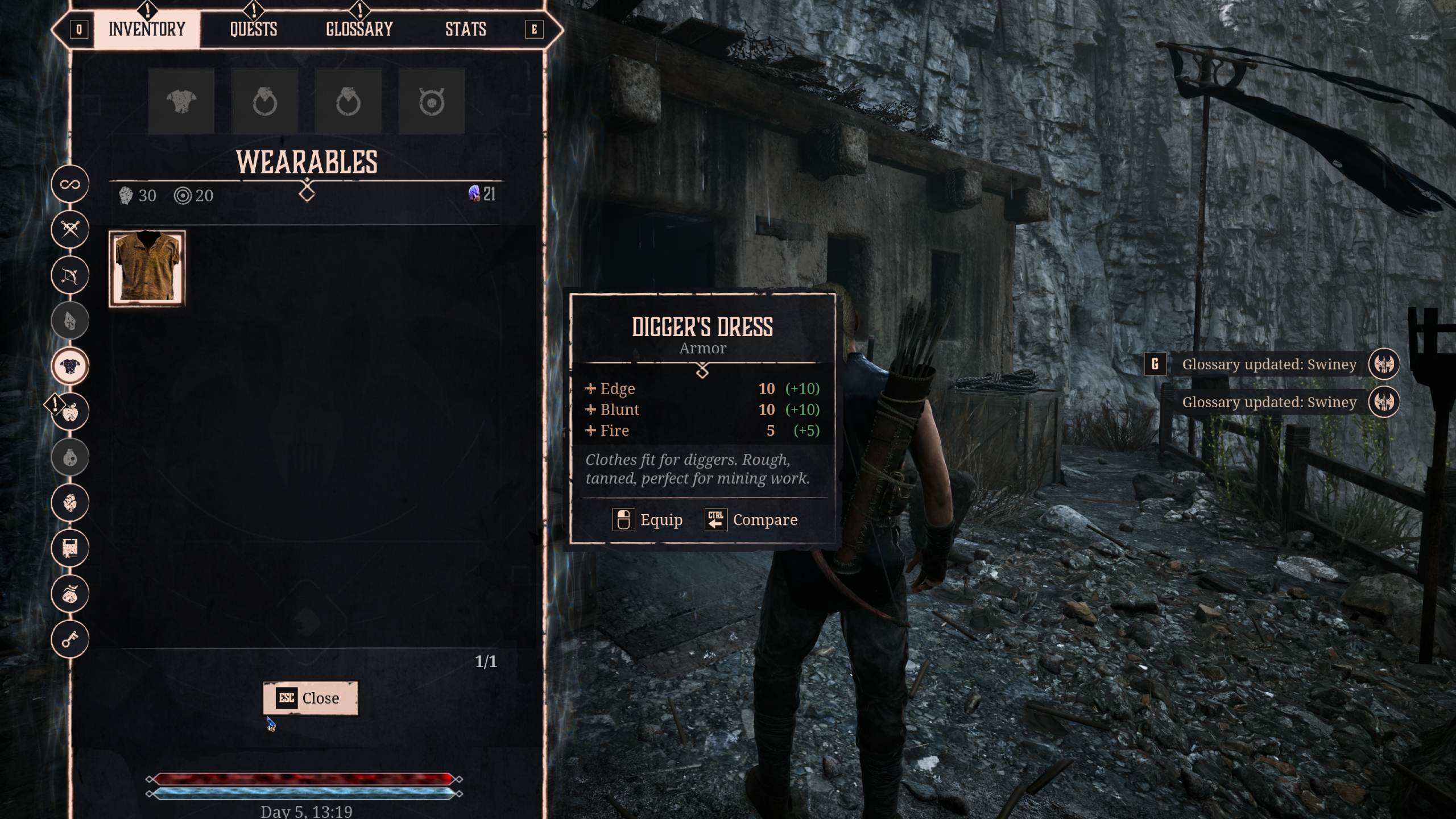 Gothic Remake armour: The Digger's Dress armour in the player's inventory screen.