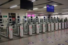A row of shutdown e-passport scanners at London's Gatwick Airport. 