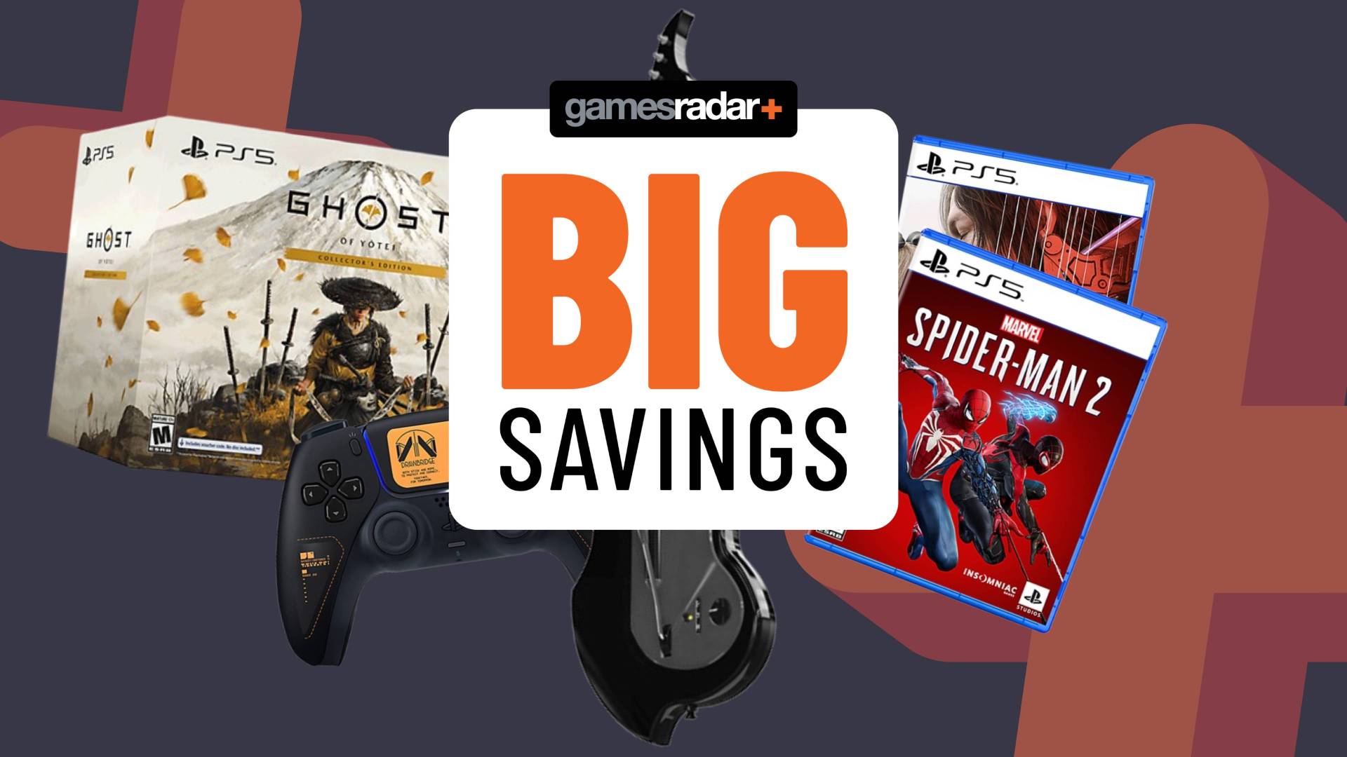 Image of PS5 game and accessories sitting on a black and orange GamesRadar+ background.