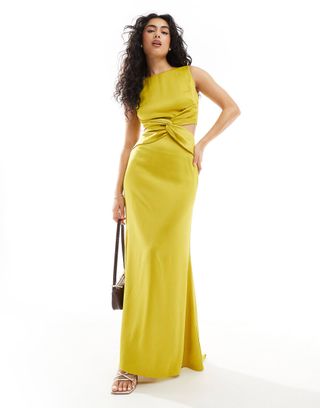 TFNC, Tfnc Satin Deep V Back Waist Cut Out Satin Maxi Dress in Lime