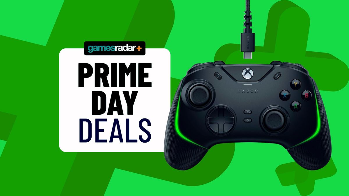 A black Razer Wolverine V2 Chroma image on top of a vibrant green gamesradar Prime Day backdrop