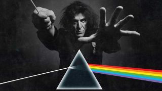 Jaz Coleman with a conductor's baton, and the prism artwork from the cover of Pink Floyd's The Dark Side Of The Moon