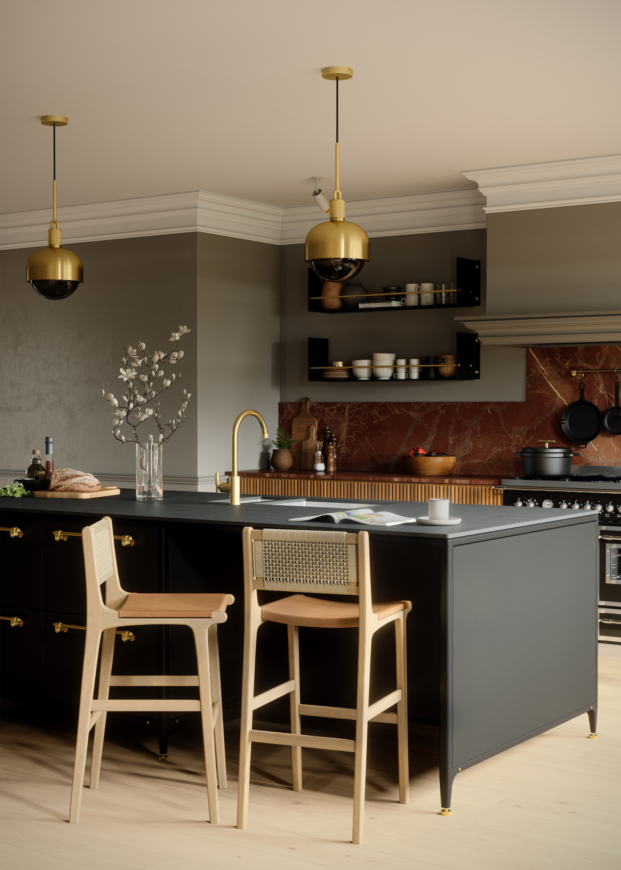 cool tri-color kitchen with black island, red marble splashback, and grey walls