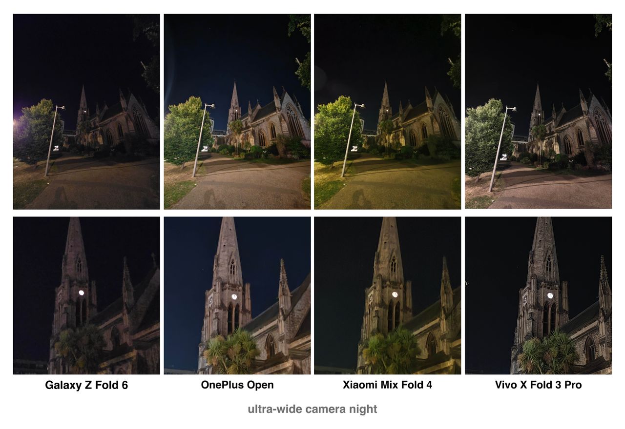 Night photos taken on the OnePlus Open, Samsung Galaxy Z Fold 6, Vivo X Fold 3 Pro and Xiaomi Mix Fold 4