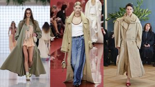 Composite image of models wearing oversized trench coats from Chloe, Gucci and Carven SS25