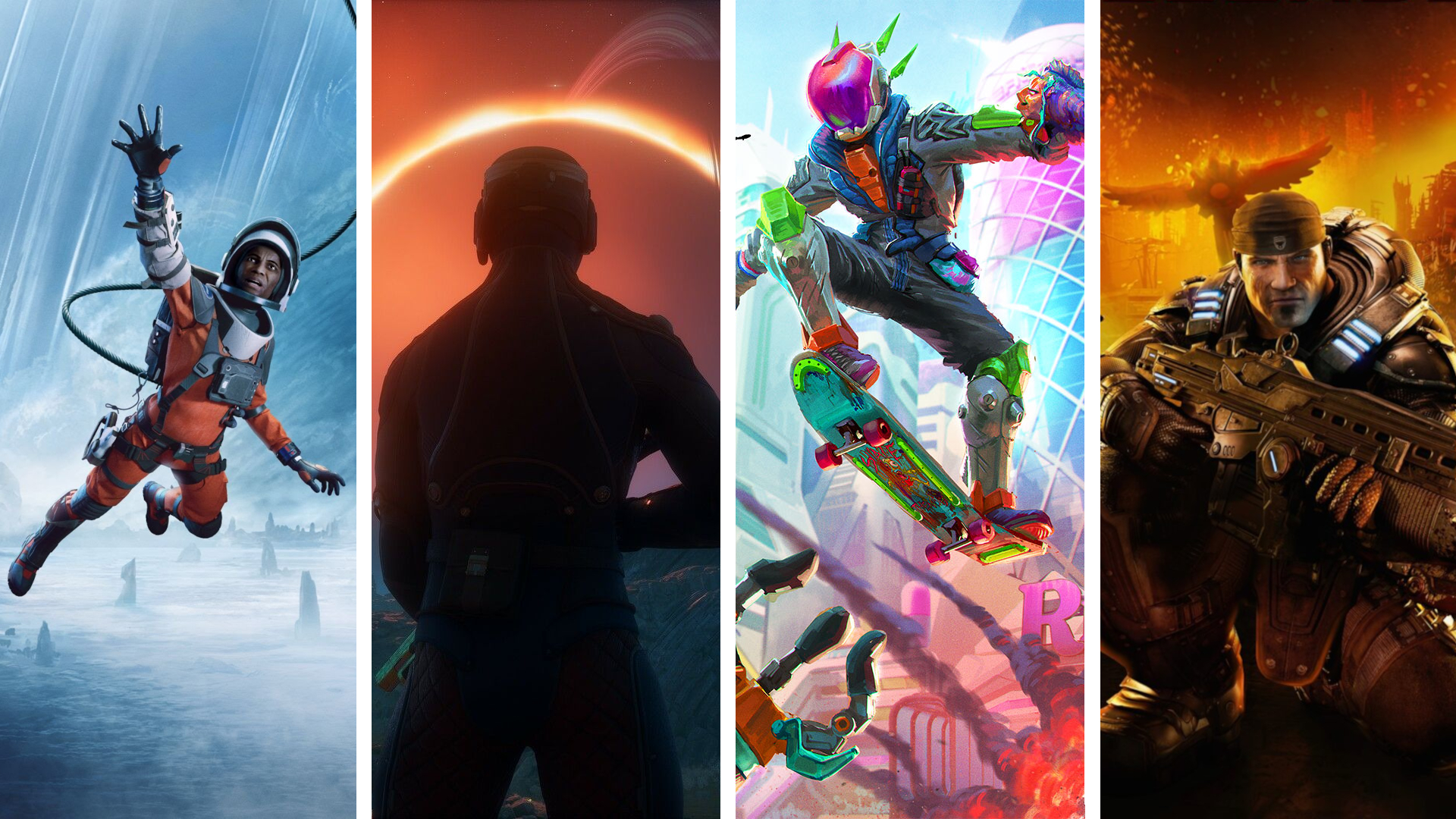 Split image showing four sci-fi video games: Aphelion, The Outer Worlds 2, High on Life 2, and Gears of War Reloaded.
