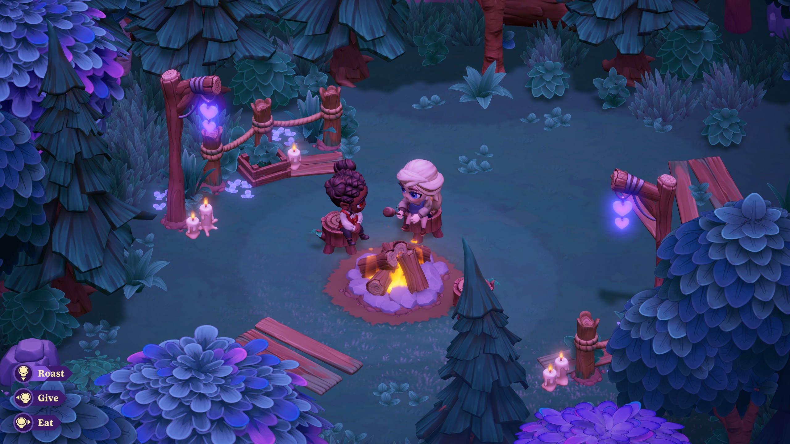 Moonlight Peaks - The main character rtoasts a marshmallow on a date with Elvira