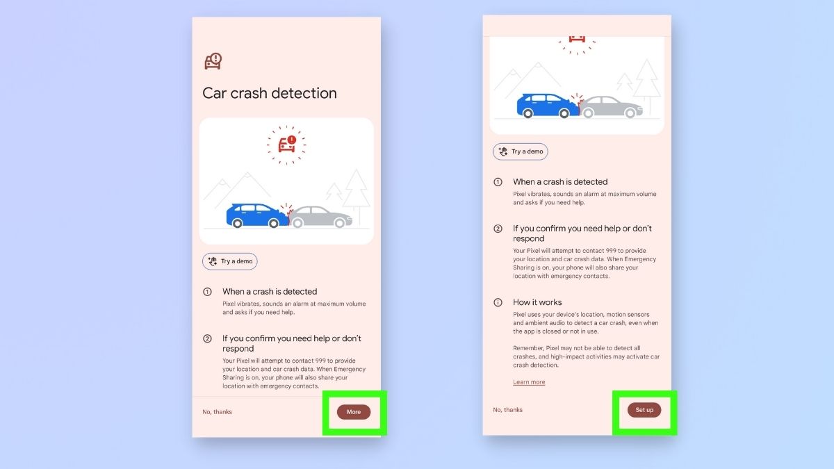 Снимок экрана, показывающий шаги по включению функции обнаружения автокатастроф на телефоне Google Pixel — экран обнаружения автокатастроф