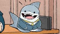 Jeff the Land Shark wearing a suit in court
