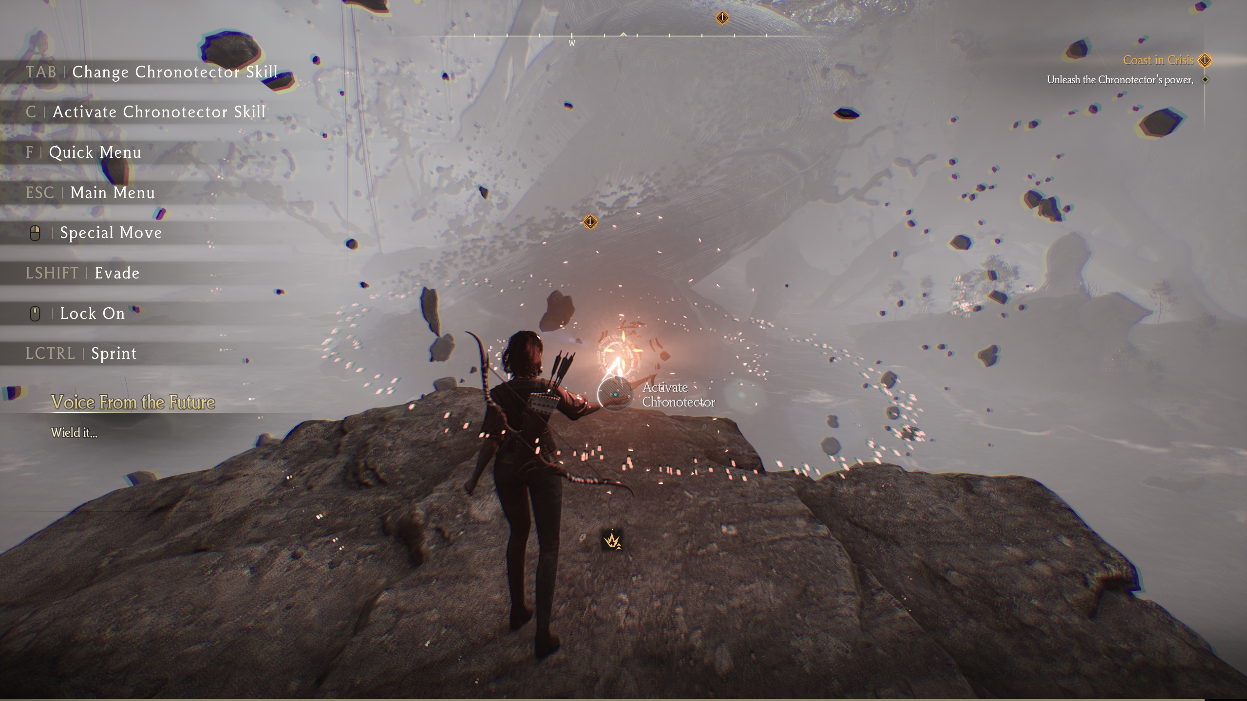 An assassin character from Chrono Odyssey reaches out toward a glowing light while standing on a cliff