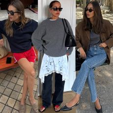 fashion collage featuring style influencers Anne-Laure Mais, Hanna MW, and Felicia Akerstrom wearing chic fall 2025 outfits with Adidas shorts, suede loafers, layered lace pieces, flip-flop sandals, suede jacket, jeans, and more