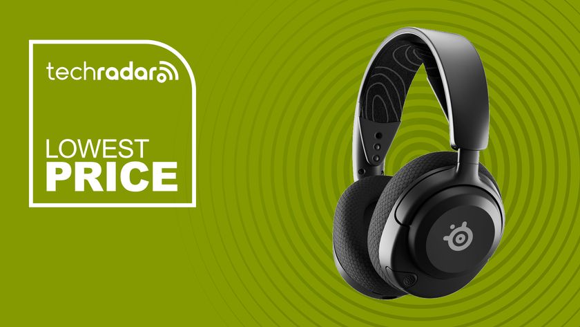 The SteelSeries Arctis Nova 5 headset on a green background with white lowest price text