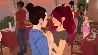 Paralives - two paras hold hands lovingly while others eat at an outdoor celebration in the background