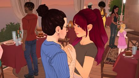 Paralives - two paras hold hands lovingly while others eat at an outdoor celebration in the background